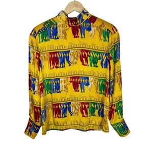 Vintage Carlisle 100% Silk Mock Neck Long Sleeve Blouse Funky 80s Retro Dopamine